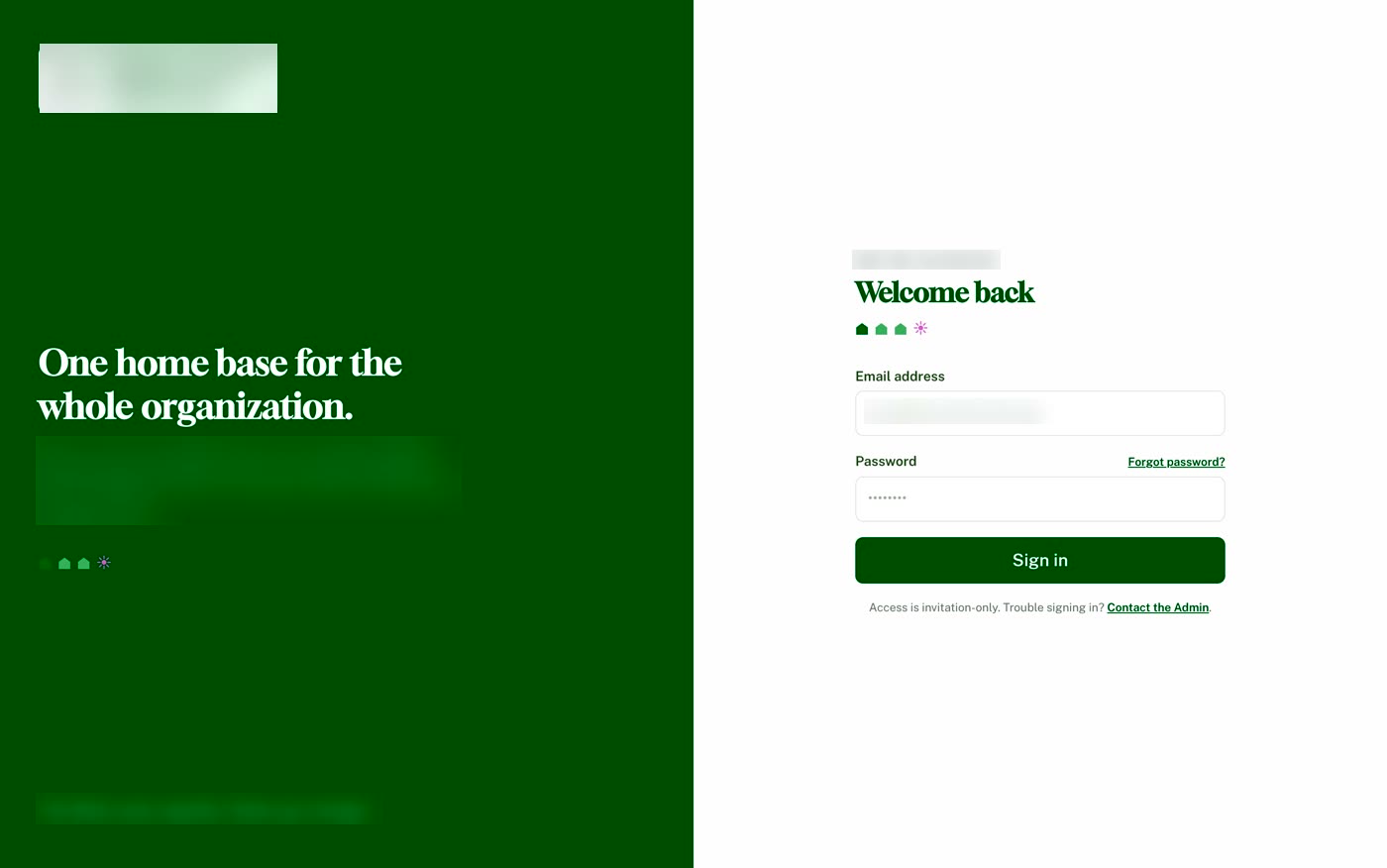 The sign-in screen of a secured board and staff portal built by LUR Growth, organization name withheld