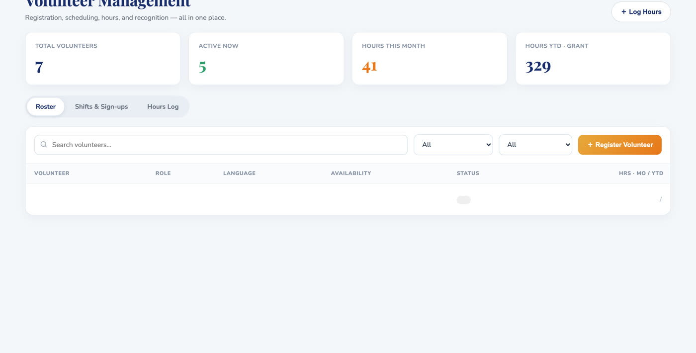 A bilingual after-school program's participant tracking system, volunteer management view
