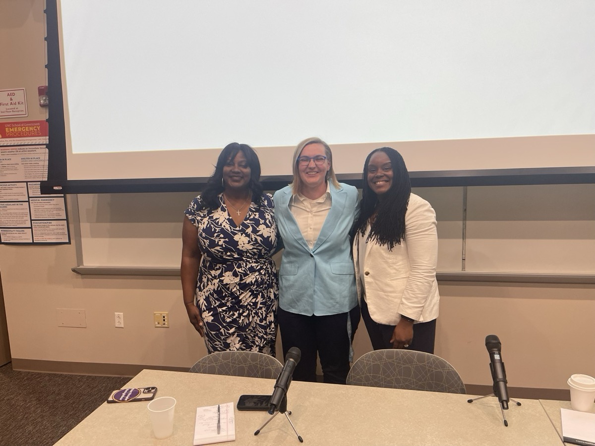 Latoya Robinson with two fellow speakers after a session at the UNC School of Government, Chapel Hill, April 2025